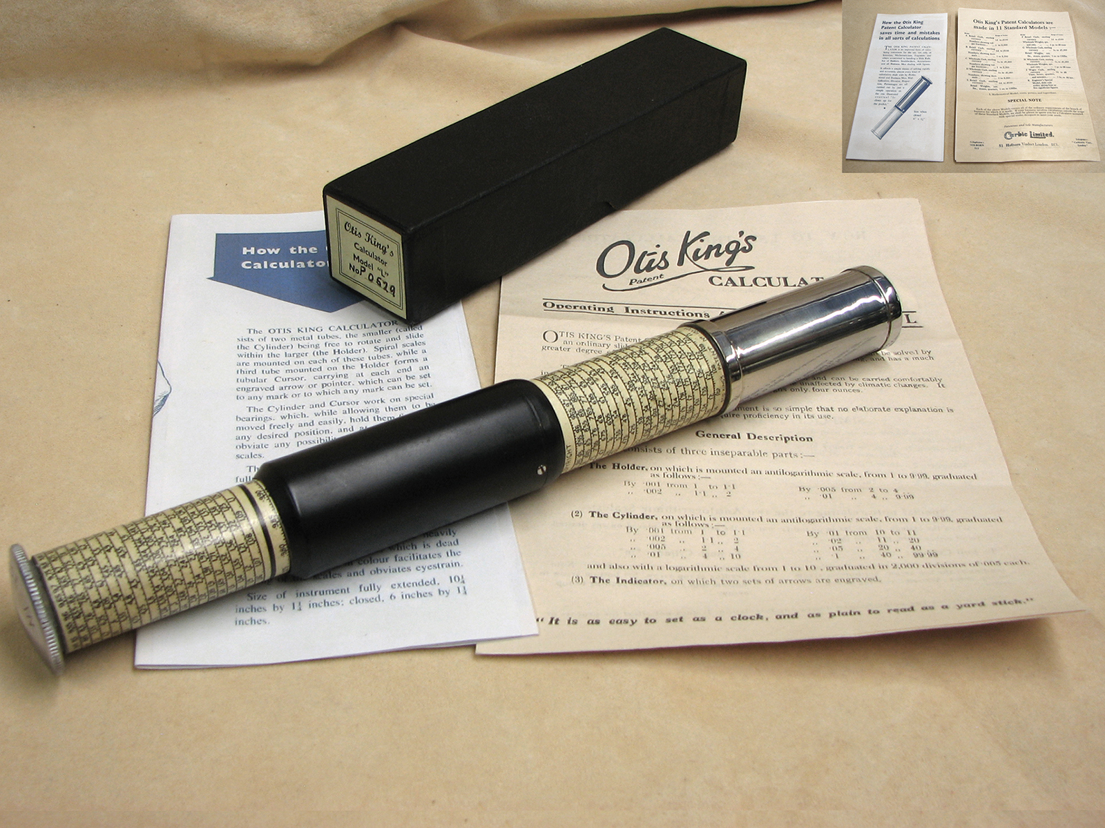 Early 1950s Otis King Model L type B cylindrical slide rule and calculator